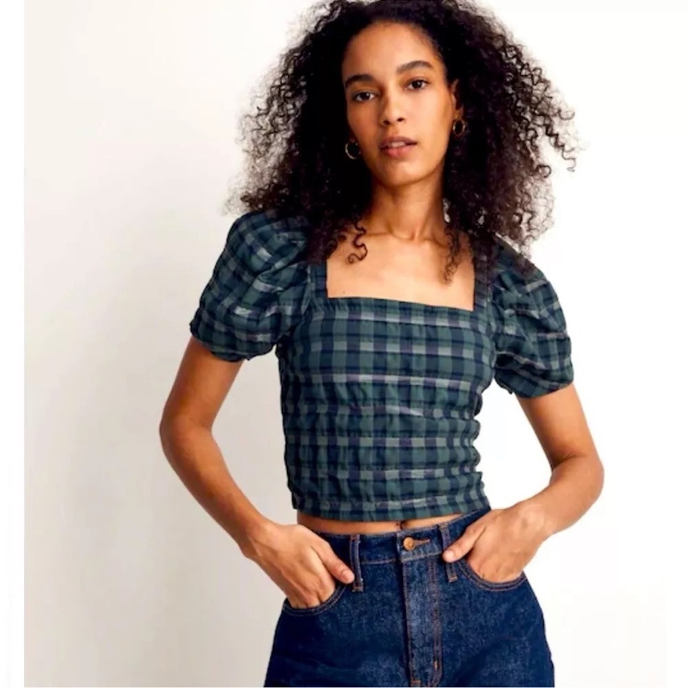 Madewell Hopewell Puff-Sleeve Crop Top in Plaid Size‎ Large